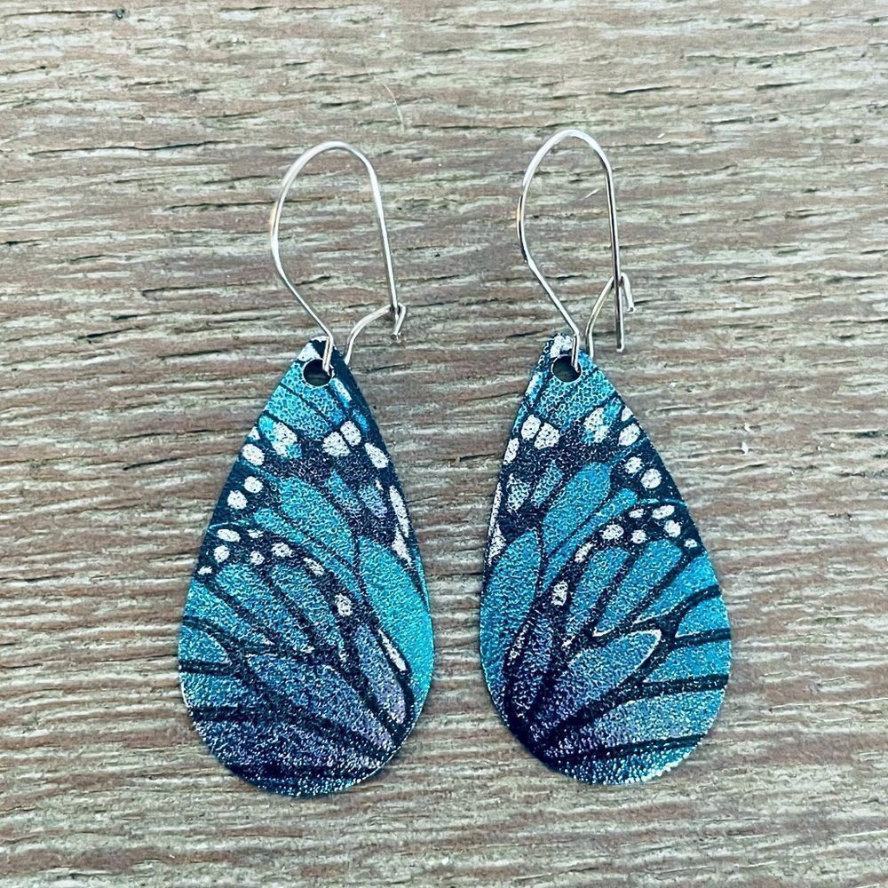 Butterfly Wings Teardrop Metal Blue Earrings